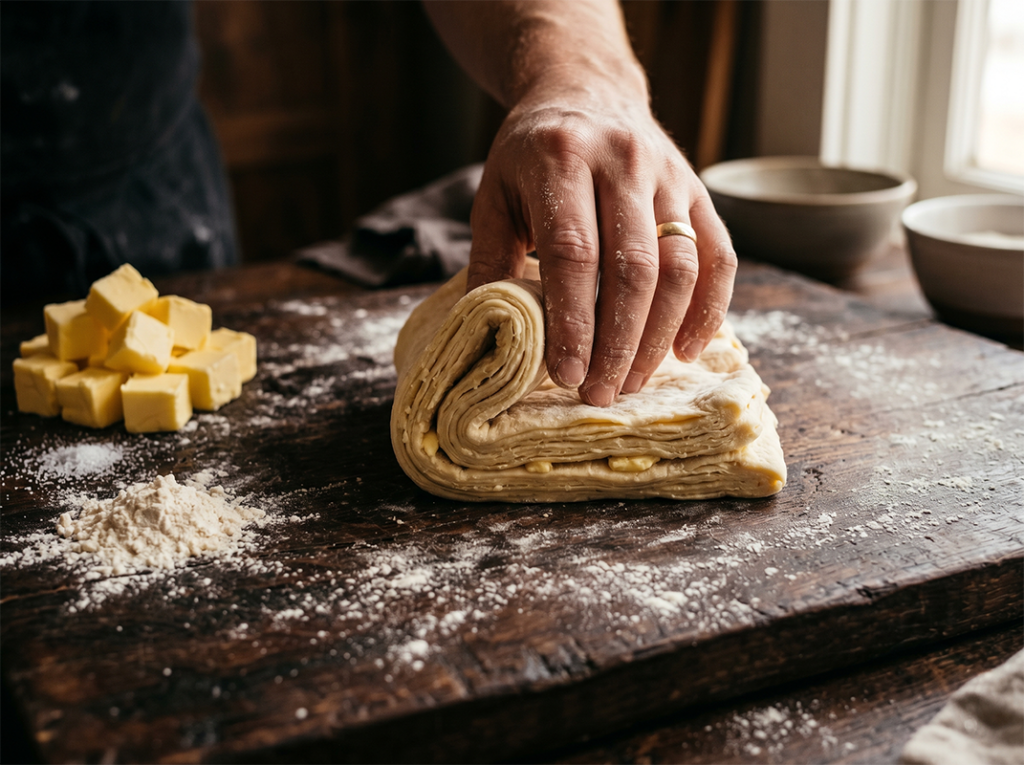 Flour, butter and folded pastry dough